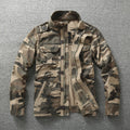Autumn men's cotton camouflage work jacket in green camouflage, loose fit, front view