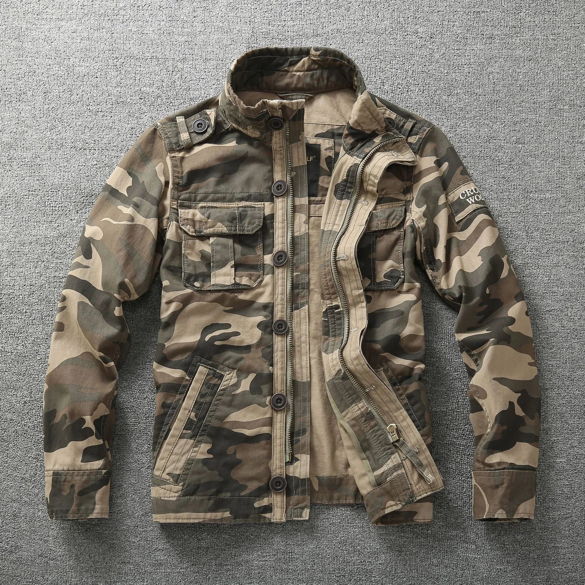 Autumn men's cotton camouflage work jacket in green camouflage, loose fit, front view