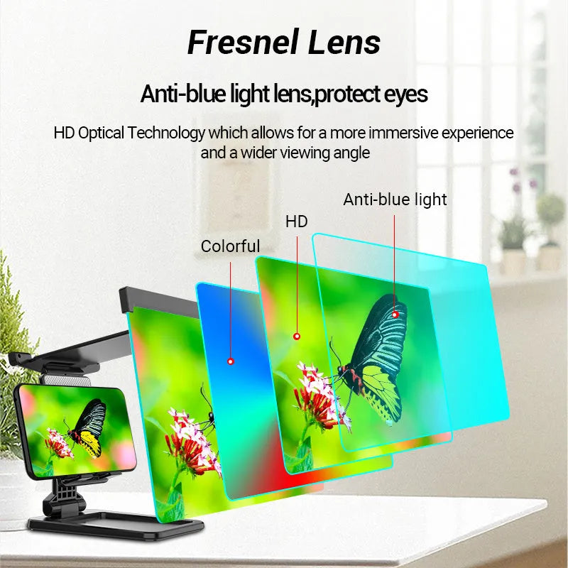 Black 12-inch mobile phone screen amplifier with detachable phone holder, shown folded and unfolded