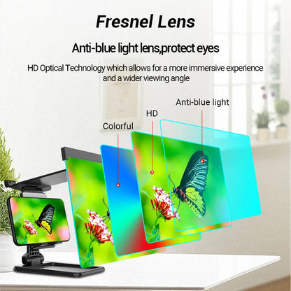 Black 12-inch mobile phone screen amplifier with detachable phone holder, shown folded and unfolded