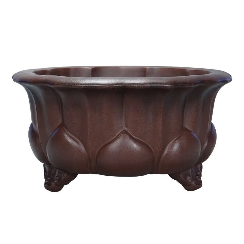 Square purple sand ceramic bonsai planter in antique Chinese petal basin style.