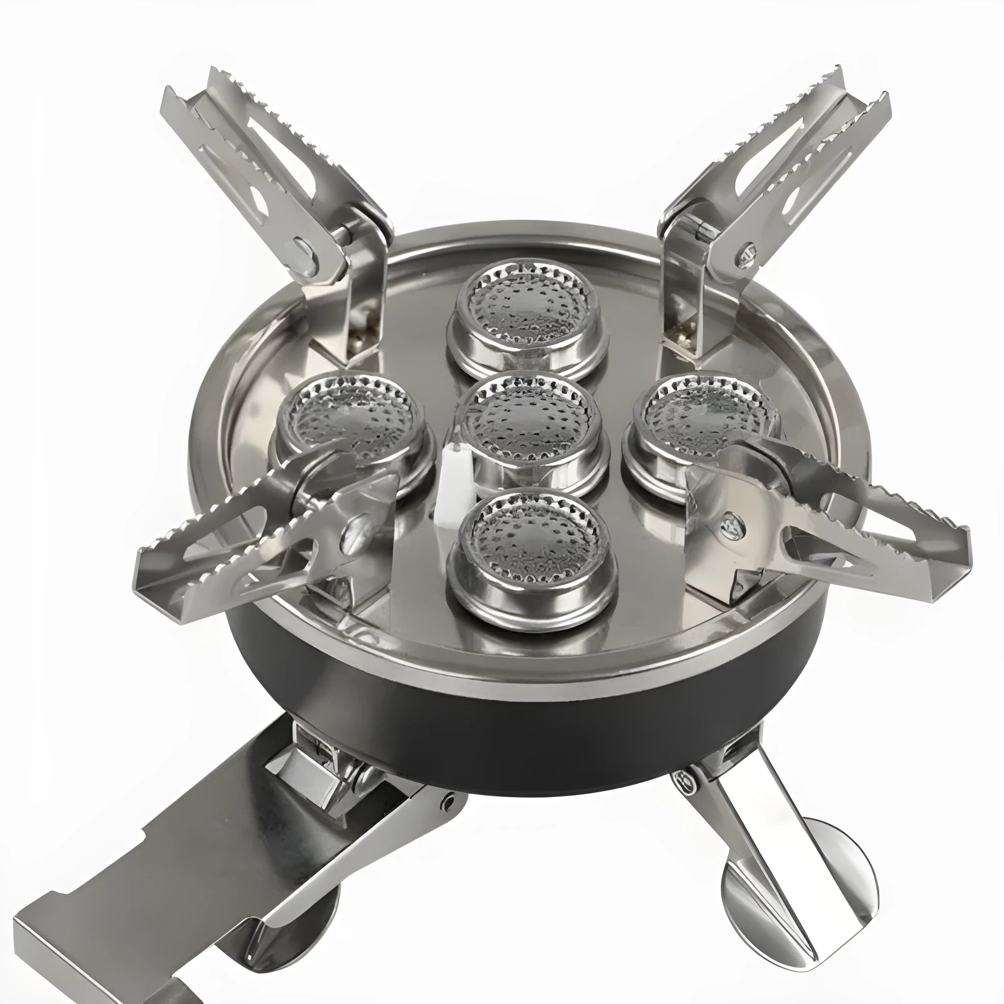 Silver portable split stove for outdoor camping and picnics on a flat surface.