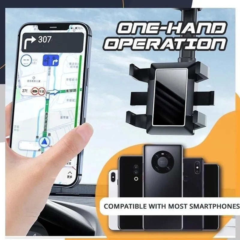 Black rearview mirror car phone holder with four-claw grip and adjustable arm mounted on a car mirror.