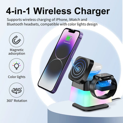 Multifunctional wireless charging station with rotating lamp, adjustable night light, and secure phone holder