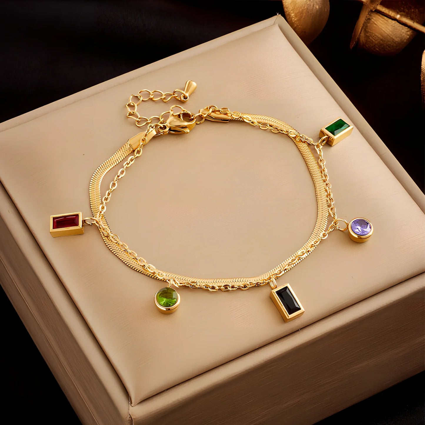 Gold plated titanium steel double-layer snake chain bracelet with five-pointed star charm