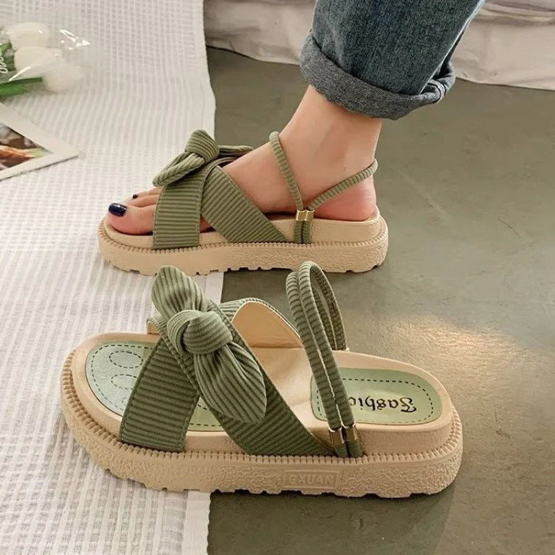 Women's Two Wear Flat Platform Sandals in green, beige, and black with 4.5cm heel