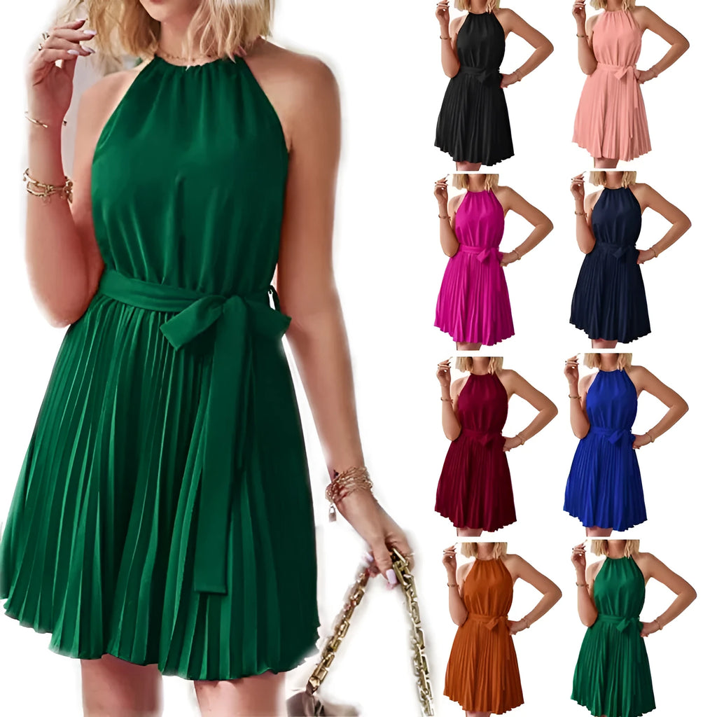 Women's halter neck strapless sundress with pleated skirt in various colours