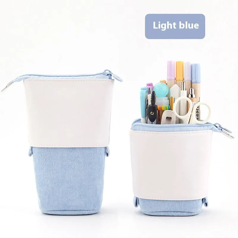 Drop-down telescopic stationery case in Korean style, shown in multiple PU corduroy colours.