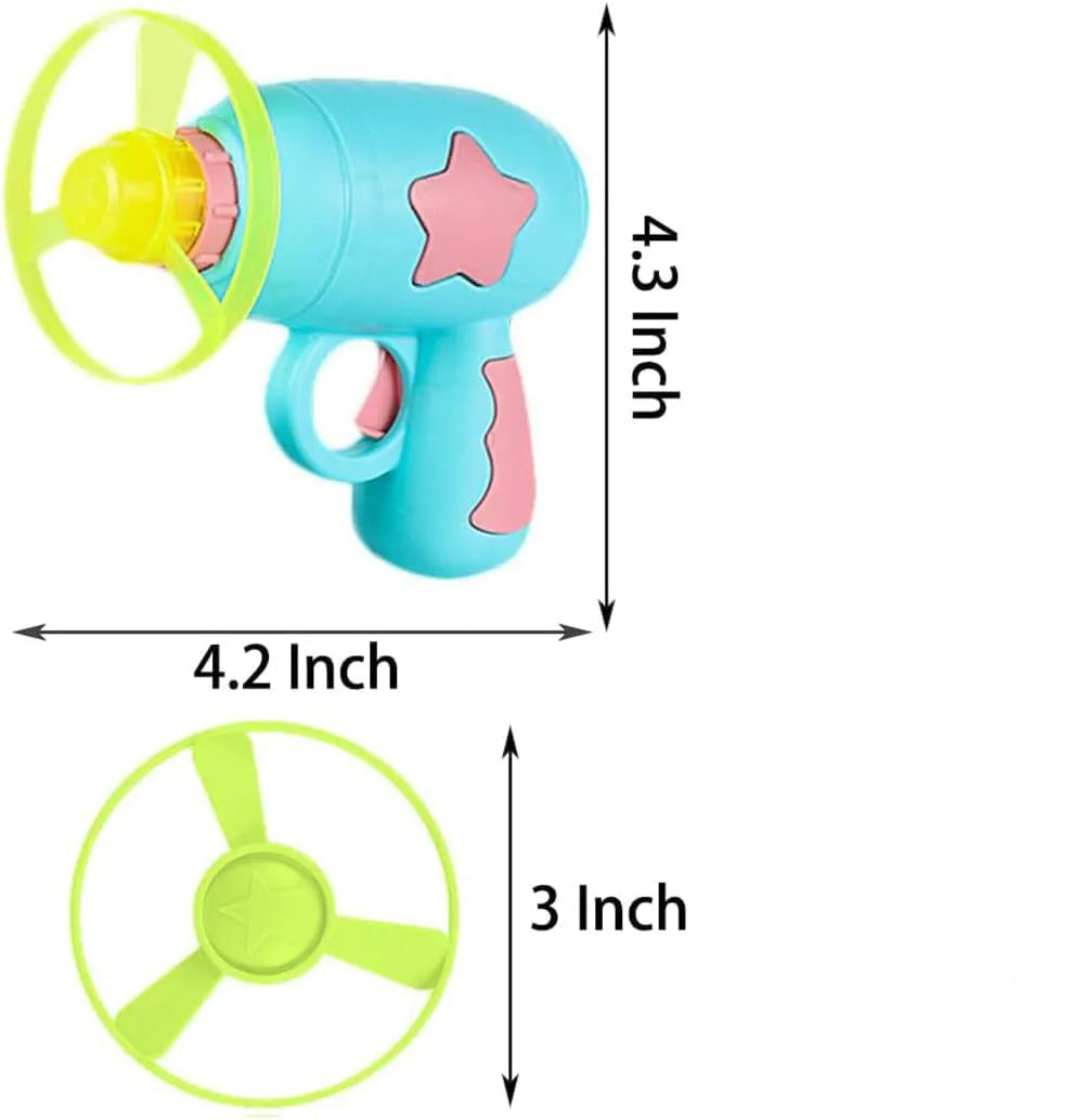 Blue interactive cat toy gun with a plastic frisbee on the launch head, shown next to a second pink frisbee.
