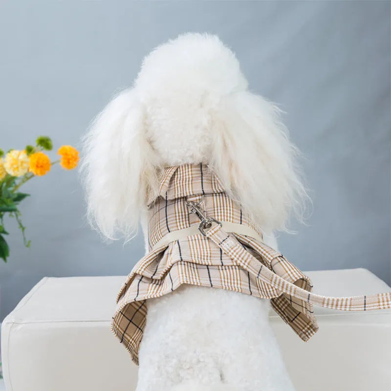 Pet harness vest with chest strap and attached hand-holding rope in beige and purple colour options