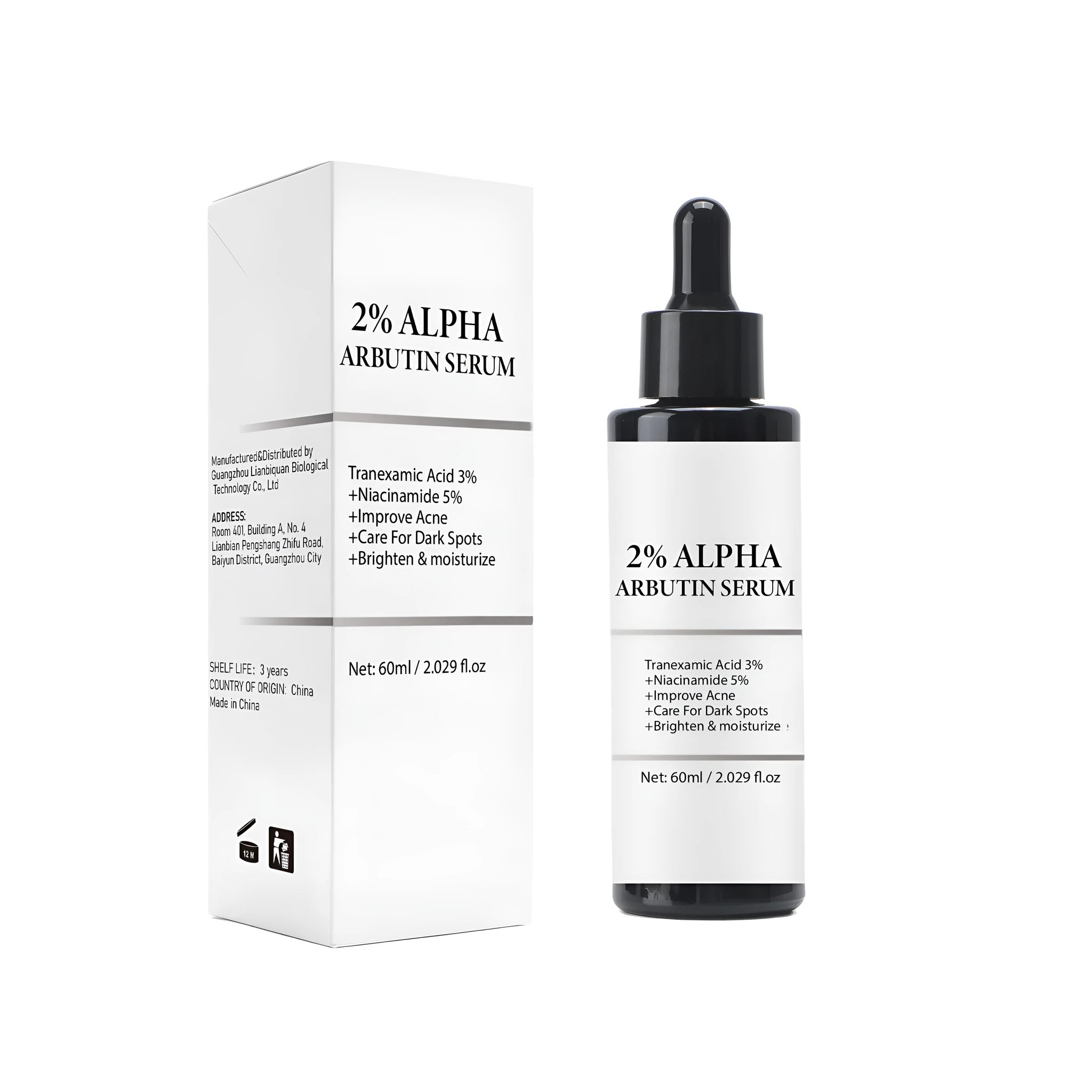 Alpha-arbutin facial care solution 60ml bottle with moisturising and hydrating properties for skin softening