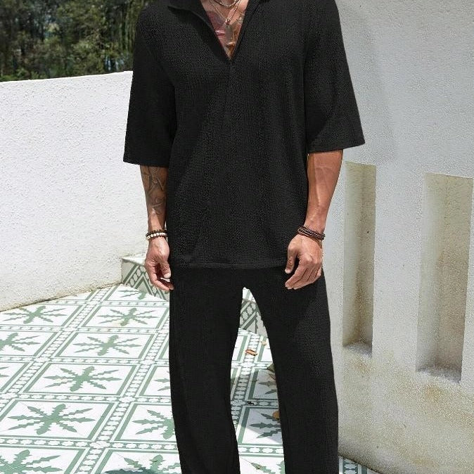 Men's summer commuter suit in cotton, available in khaki, black, lake blue, and caramel