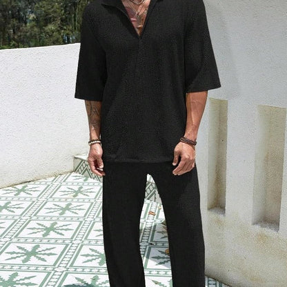 Men's summer commuter suit in cotton, available in khaki, black, lake blue, and caramel