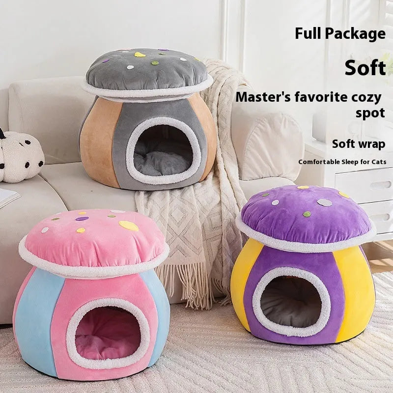 Grey mushroom-shaped plush cat bed with a detachable blanket, shown in a domestic setting.