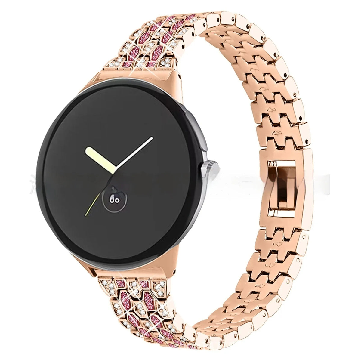 Google Pixel replacement watch strap with five beads three rows diamond pattern in rose gold, adjustable 5.5-8.1 inches