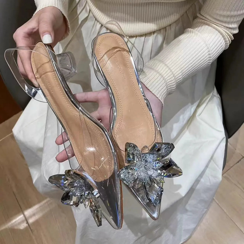 Women's transparent crystal flower high heels with pointed toe in microfiber material