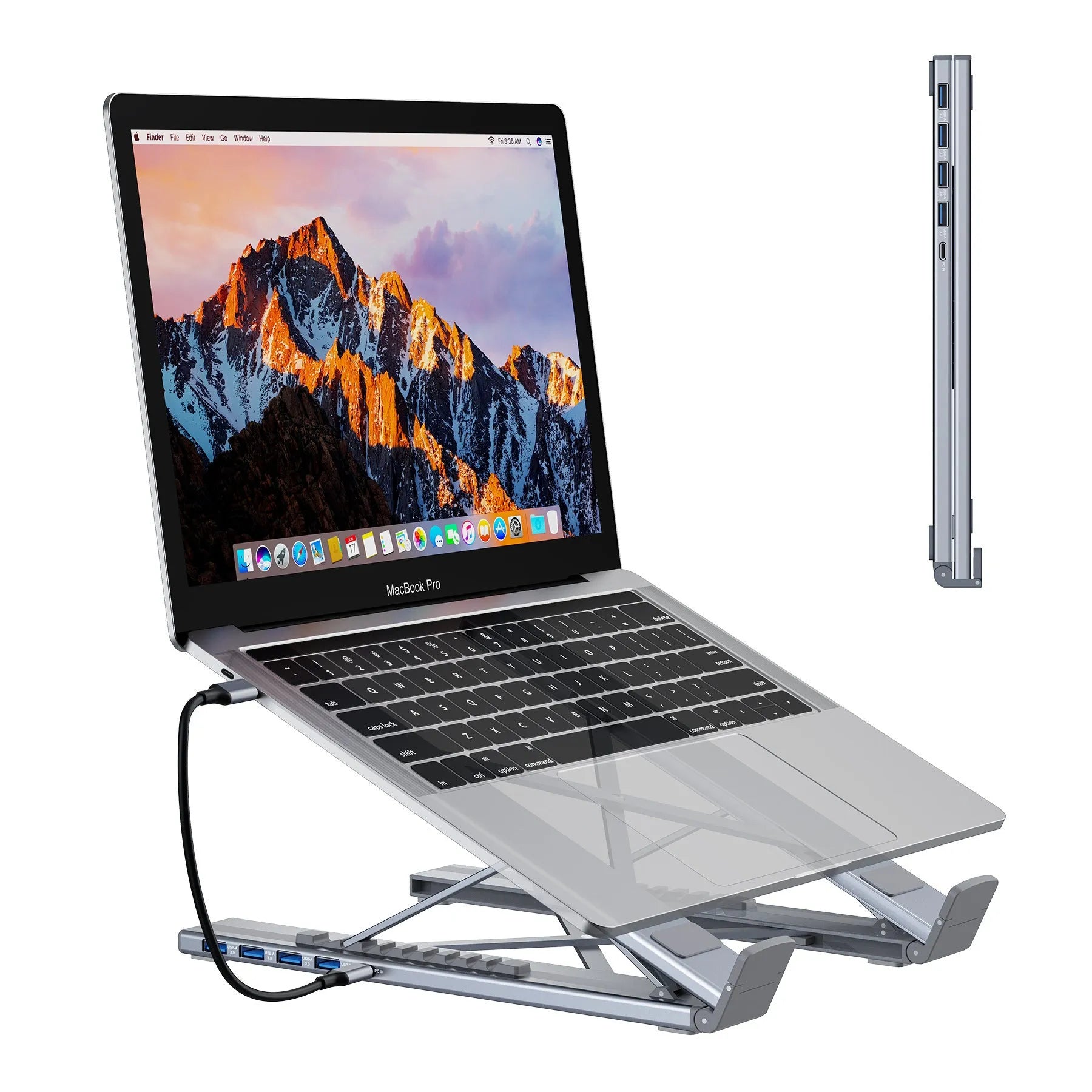 Aluminium alloy folding laptop docking station and stand in silver, shown with multiple USB and HDMI ports.