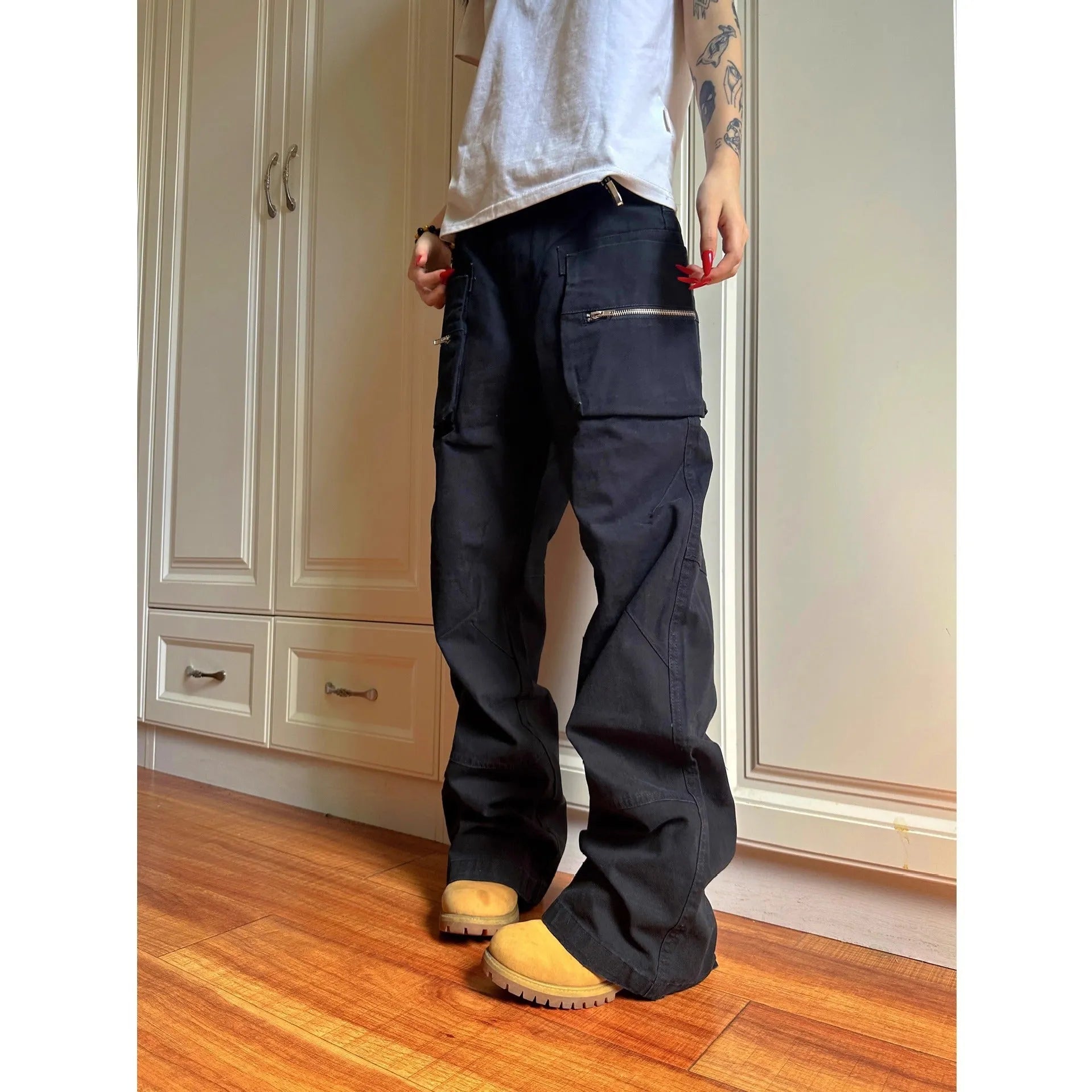 Double zipper work trousers with side pocket in black or green cotton fabric