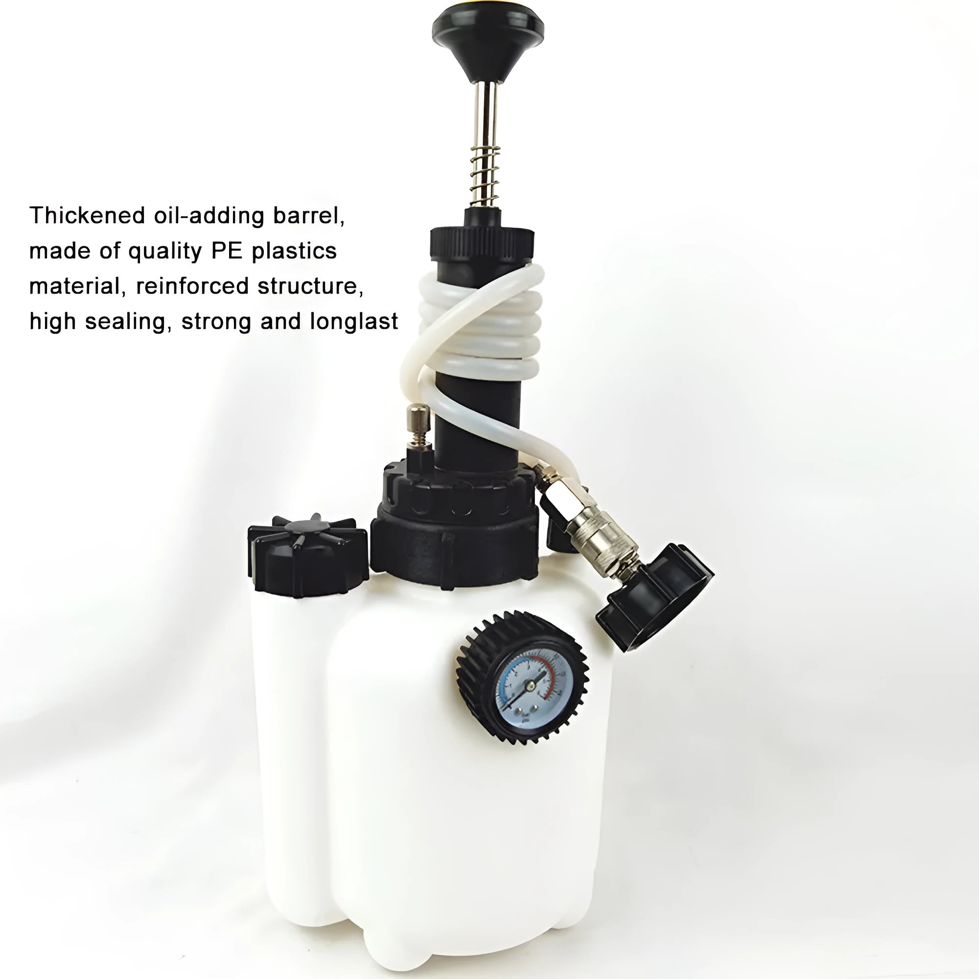 White 3-litre automotive brake fluid tank and bleeding tool with copper and iron components.