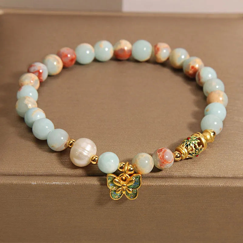 Blue freshwater pearl and Shoushan stone women's bracelet with butterfly pendant in minority-inspired design