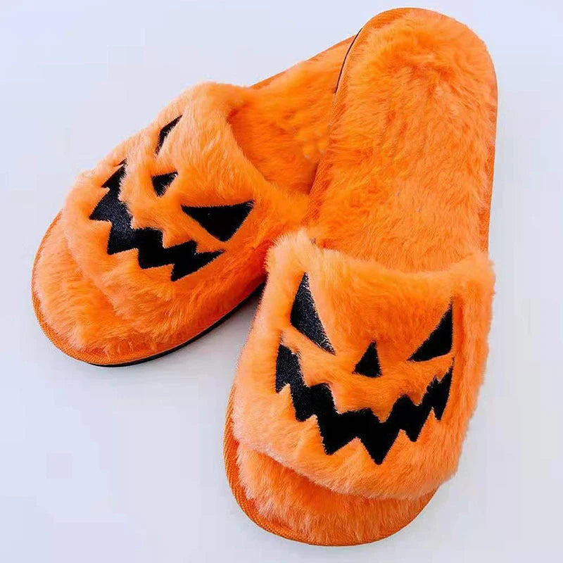 Halloween-themed women's winter slippers with rabbit fur upper in various colours
