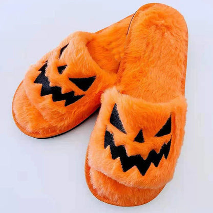 Halloween-themed women's winter slippers with rabbit fur upper in various colours
