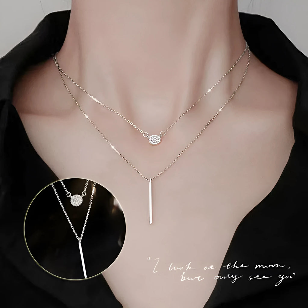 S925 silver double chain long stick micro pave zircon round pendant necklace for women white gold colour