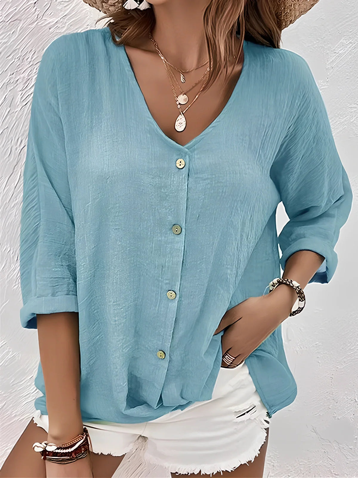 Women's loose V-neck long-sleeved T-shirt in navy blue, button front, polyester fabric, size M with 115cm bust fit