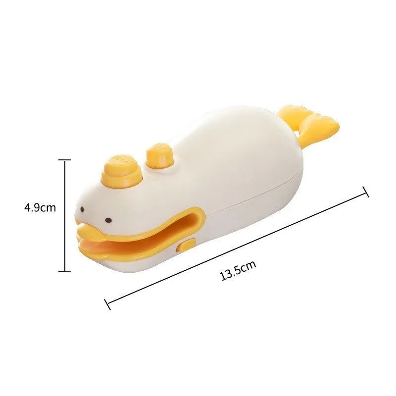 Small Yellow Duck shaped rechargeable bag sealer with animal jacquard pattern and USB cable.