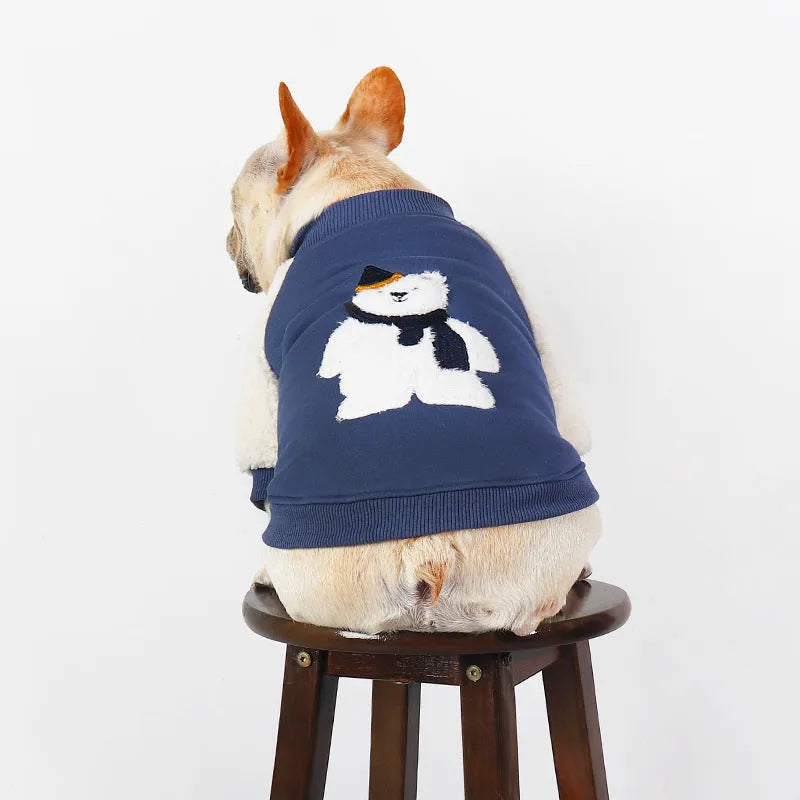 Dark blue fleece-lined cotton winter dog jacket shown in L size on mannequin