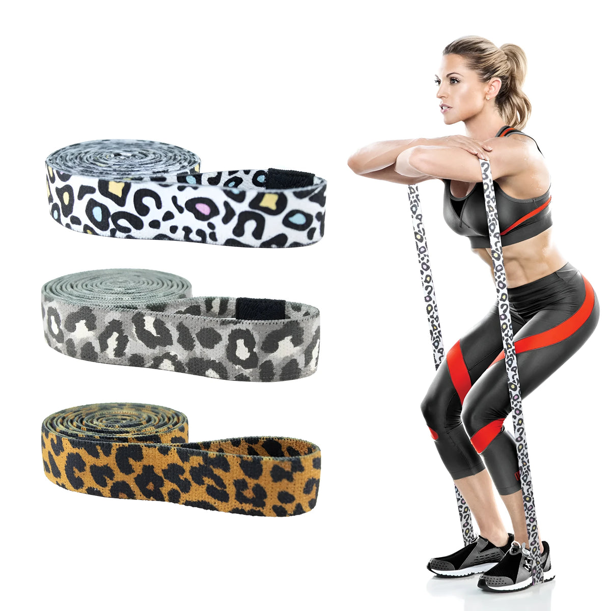 Fabric fitness elastic tension band 208x3 cm polyester latex silk pull rope in white leopard print small elasticity with mesh bag