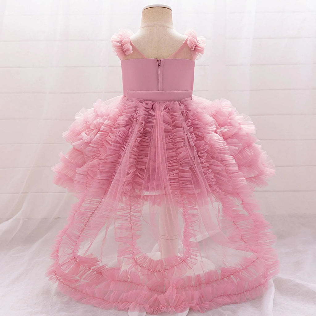 Girls sleeveless mesh long dress in bean pink Trueran fabric, suitable height 70-110cm