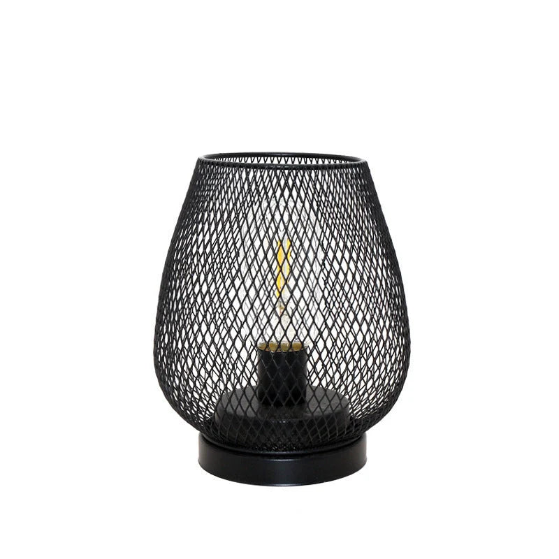 Retro iron art table lamp with hollowed out birdcage design in black and white options
