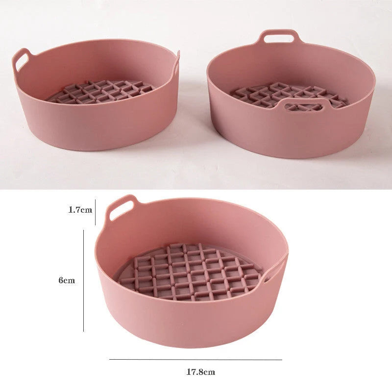 Reusable silicone air fryer liner in various colours, heat resistant up to 450°F