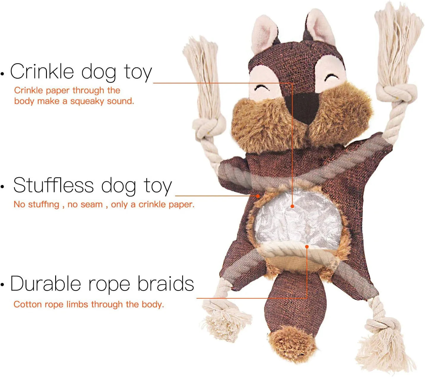 Fox-shaped plush dog toy with rope arms and legs in brown colour