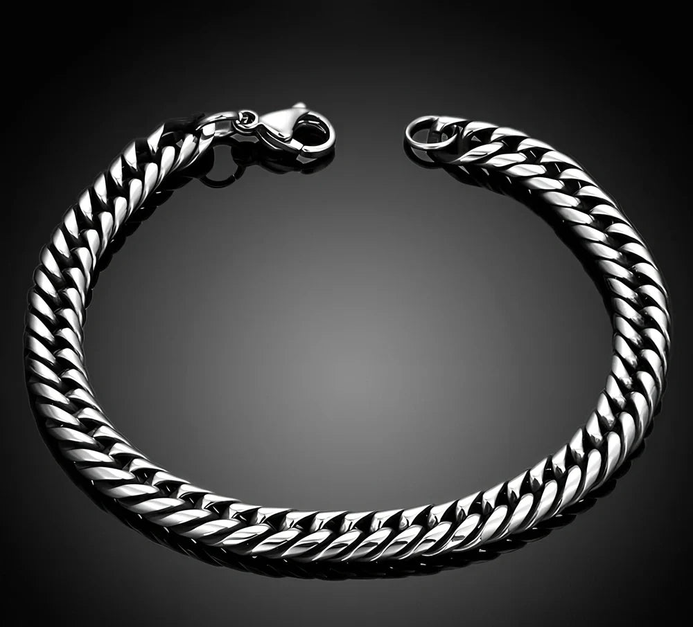 Men's titanium steel bracelet with silver inlay, geometric chain 21.5 cm long and 10 mm wide