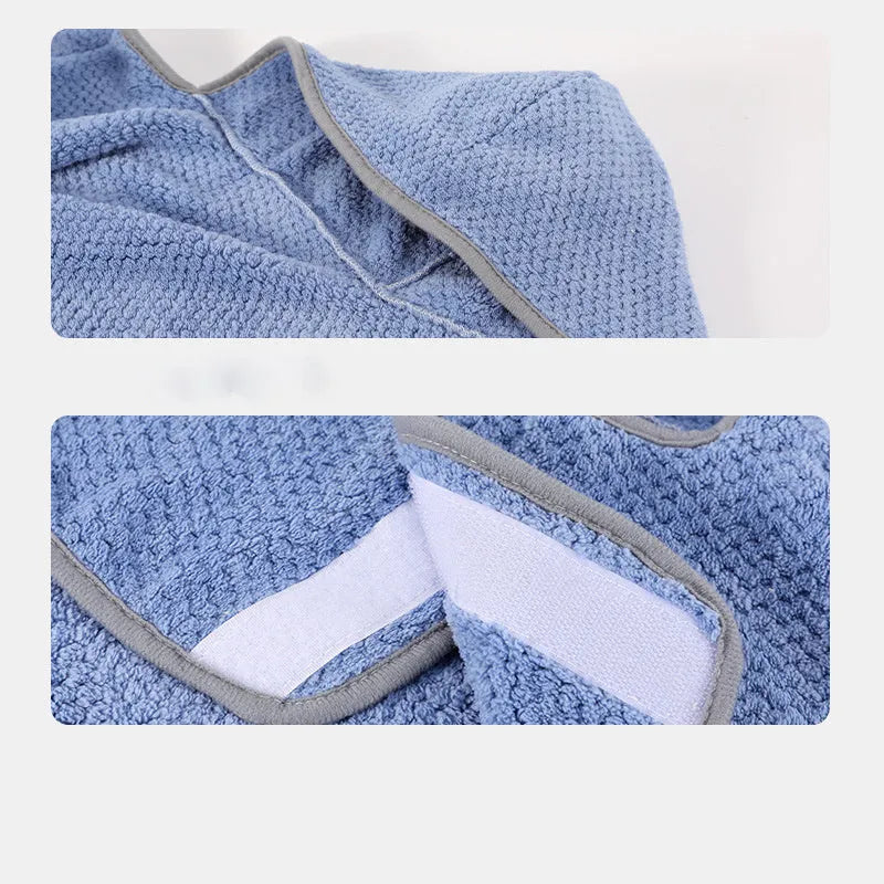 Blue dog bath robe towel with adjustable waistband wrapped around a dog, showing soft fleece material.