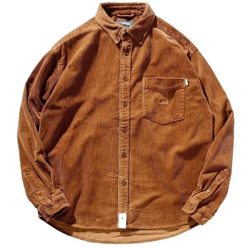 Caramel and grey loose fit corduroy long sleeve shirt in Japanese Hong Kong cardigan style