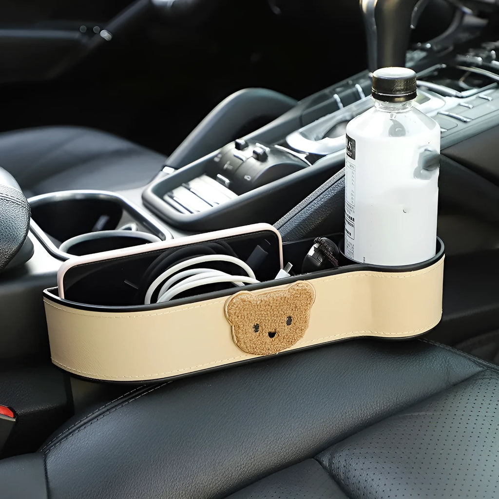 Cartoon bear design leather car seat gap storage organiser for between-seats vehicle storage