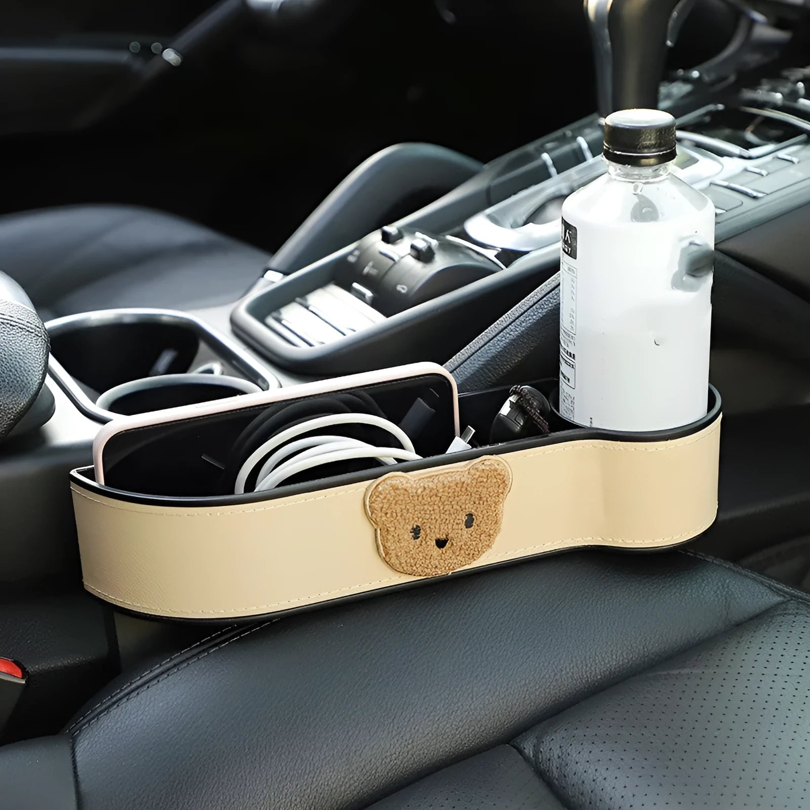 Cartoon bear design leather car seat gap storage organiser for between-seats vehicle storage