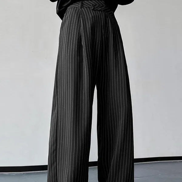 Men's black vertical striped pleated casual trousers with elastic rabbit hair bamboo blend fabric