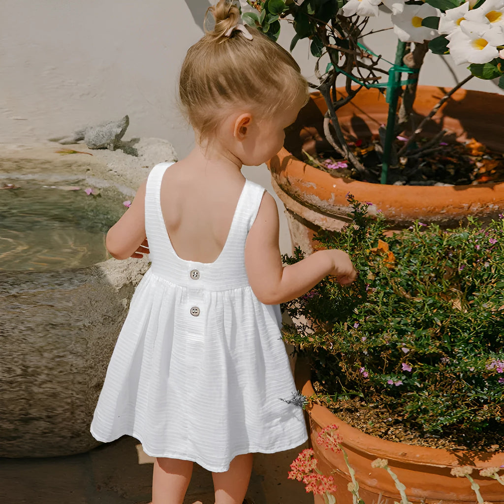 Girls cotton sleeveless dress in white, princess style, suitable for 90-130cm height