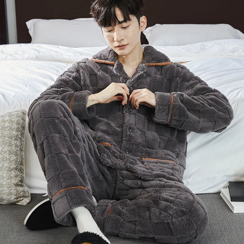 Mens flannel pyjama set with fleece lining, dark gray checkered jacquard pattern, loose fit loungewear