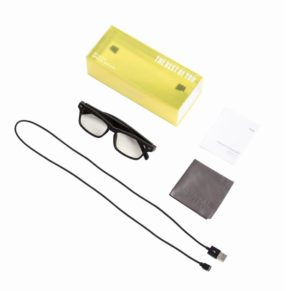 Black smart glasses with semi-open ear design showcasing integrated speakers for Bluetooth audio and calls.