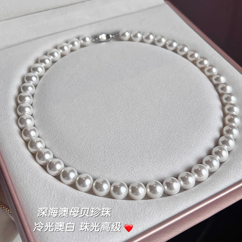 925 silver ingot buckle necklace with white shell pearls on unisex clavicle chain, 45cm length.