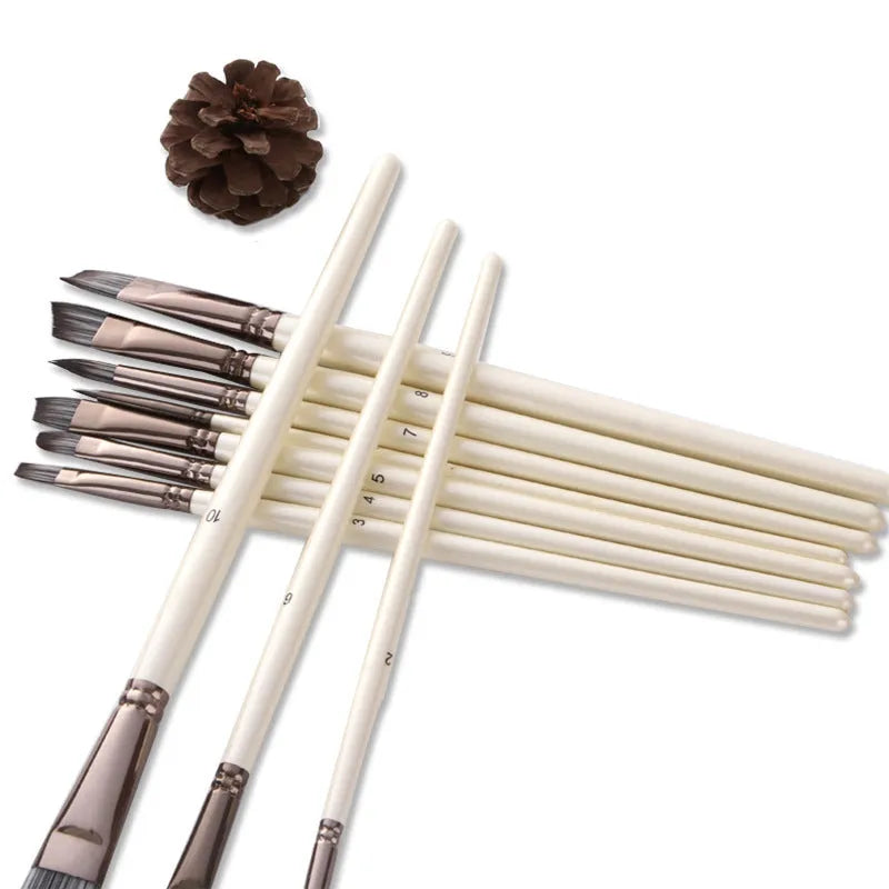 Set of 10 pearl white nylon watercolour brushes with wooden handles in a PVC bag