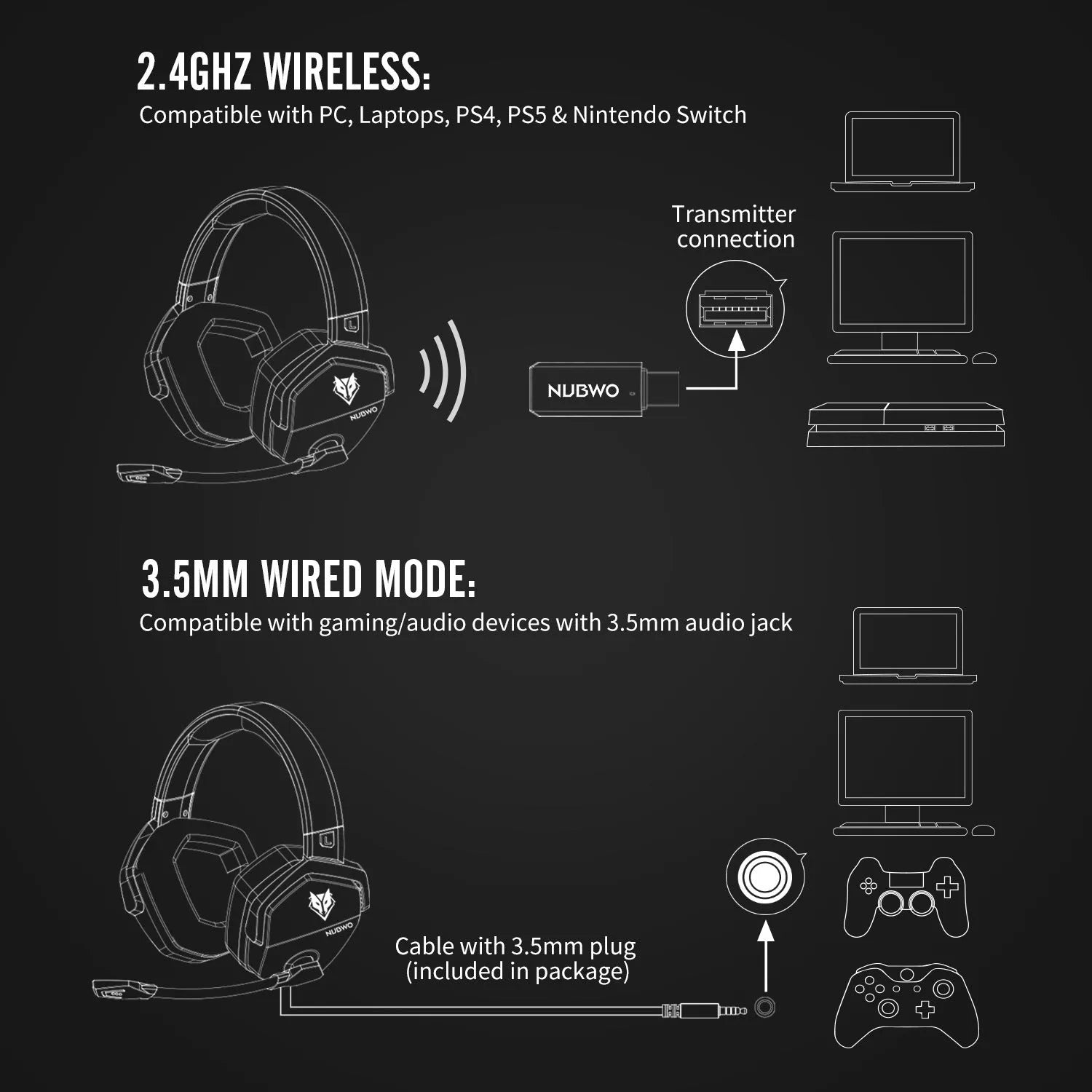 Black and orange wireless gaming headset with 50mm drivers showing ear cushions and headband design