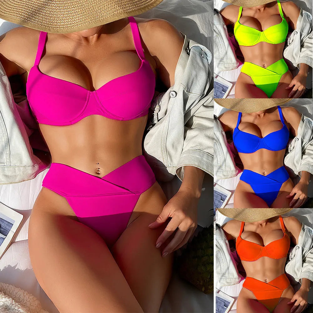 Solid colour bikini swimsuit in briefs style on a mannequin, showing the sleeveless bra and panty.