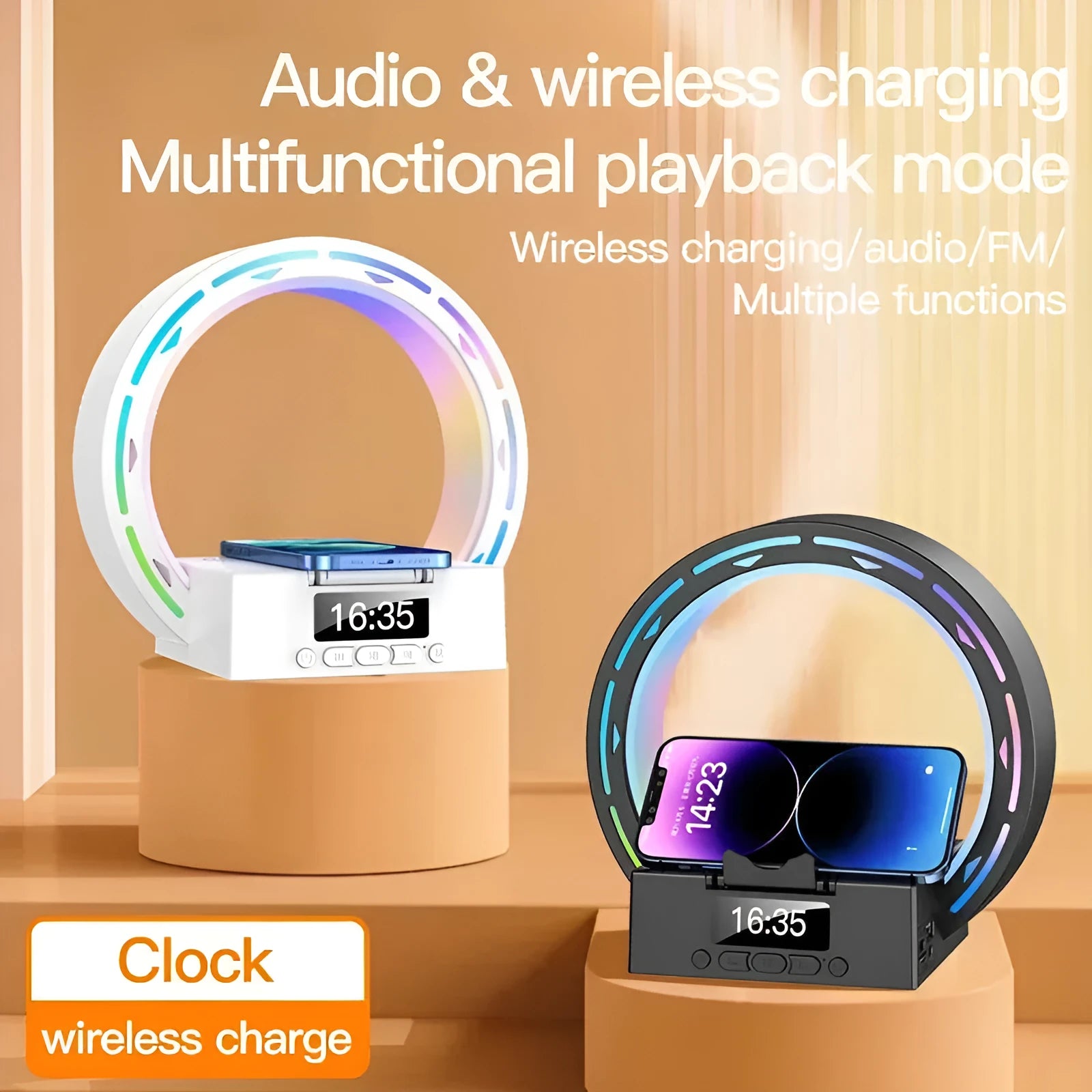 White multifunction bedside unit with wireless charging pad, Bluetooth speaker, digital clock display, and adjustable lighting