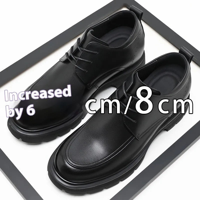 Height increasing formal leather shoes for men with 6cm lift, round toe, black colour, two-layer cowhide upper